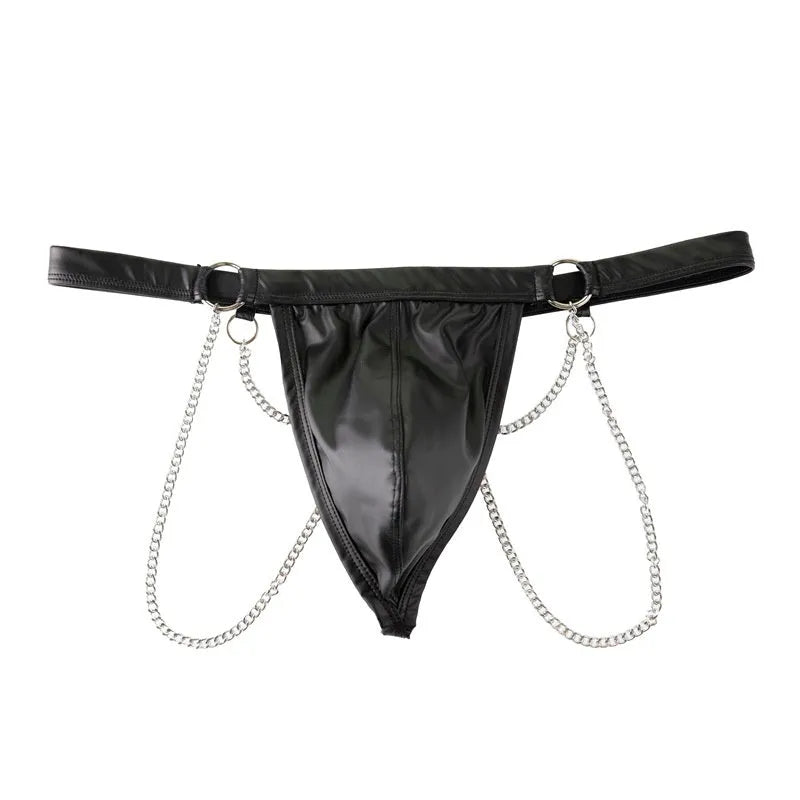 Men's black patent leather thong underwear with chain design detailing