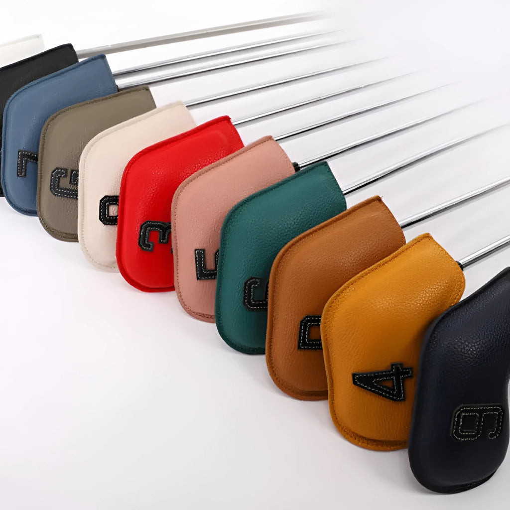 Set of 10 assorted colour PU leather golf club head covers for driver, woods and putter.