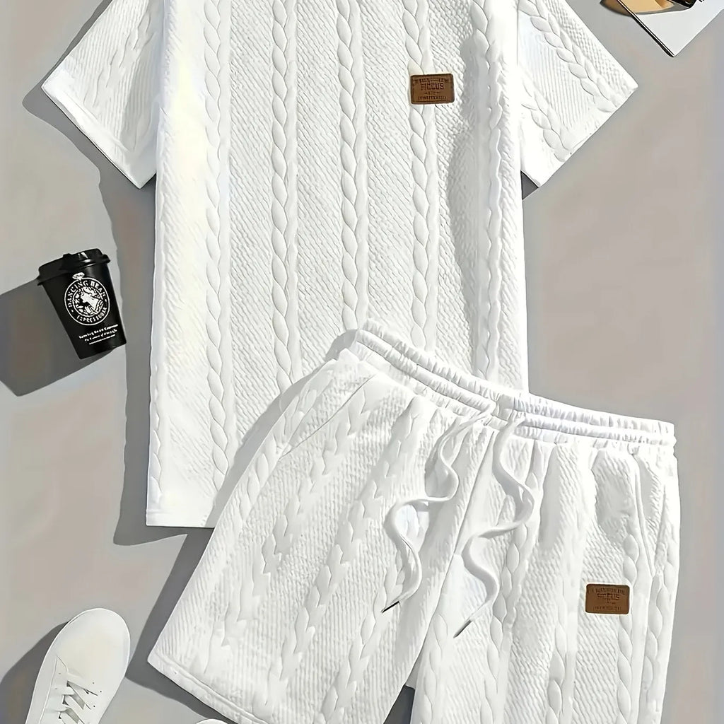 Men's black sportswear set with patch design showing T-shirt and matching shorts