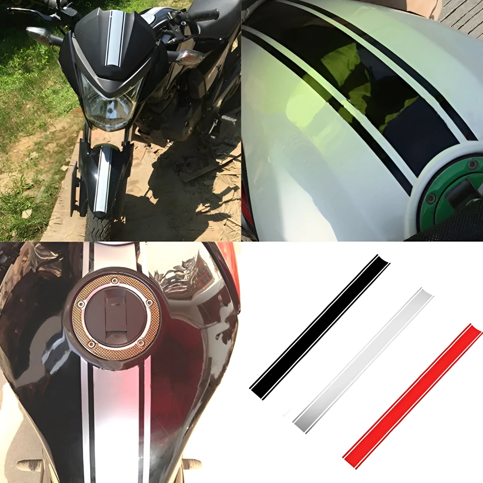 Long black and silver reflective pinstripe motorcycle sticker for gas tank lid application.