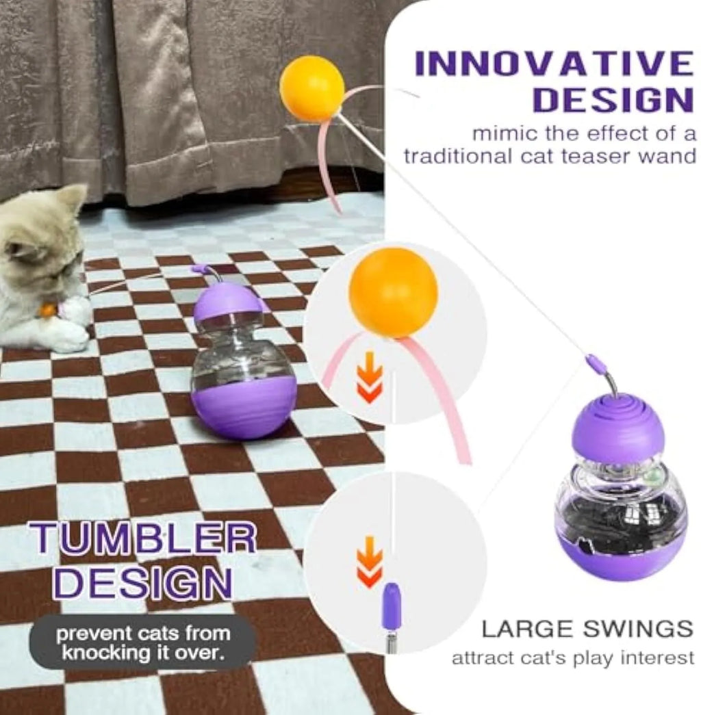 Interactive cat wand toy with rocking base, teaser stick, and built-in food dispenser in yellow.