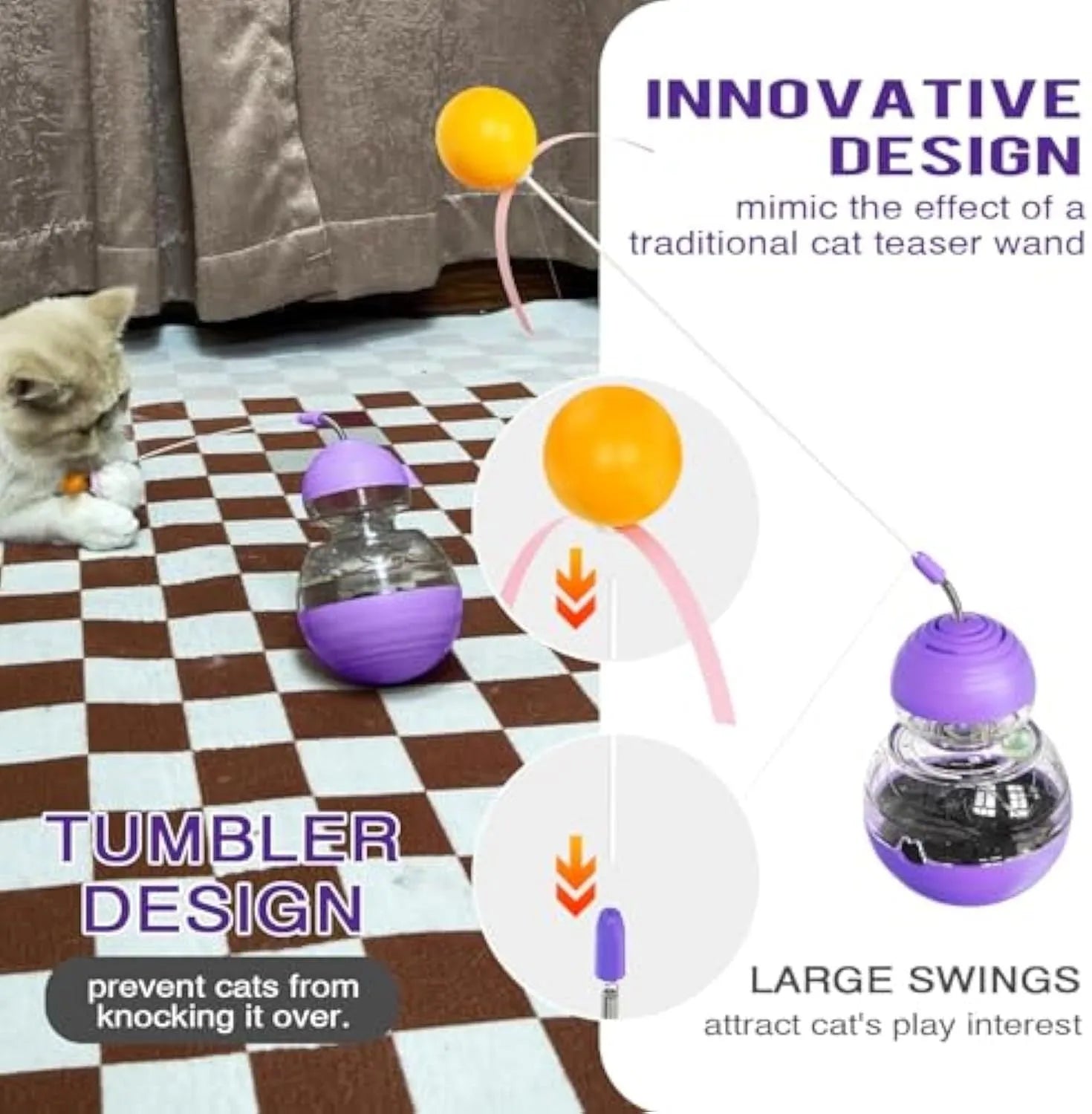 Interactive cat wand toy with rocking base, teaser stick, and built-in food dispenser in yellow.