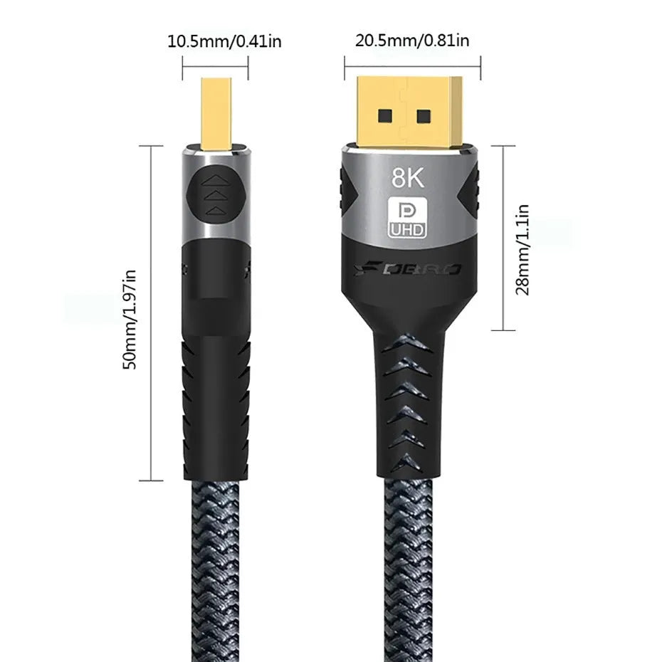 DisplayPort 2.1 male to male cable with knitted belt in 1m, 2m, 3m lengths for 16K 60Hz 8K 144Hz