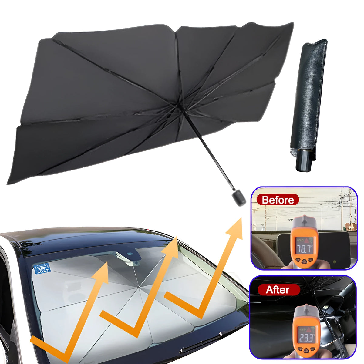 Foldable car sun shade umbrella with silver tape material for UV protection and heat insulation