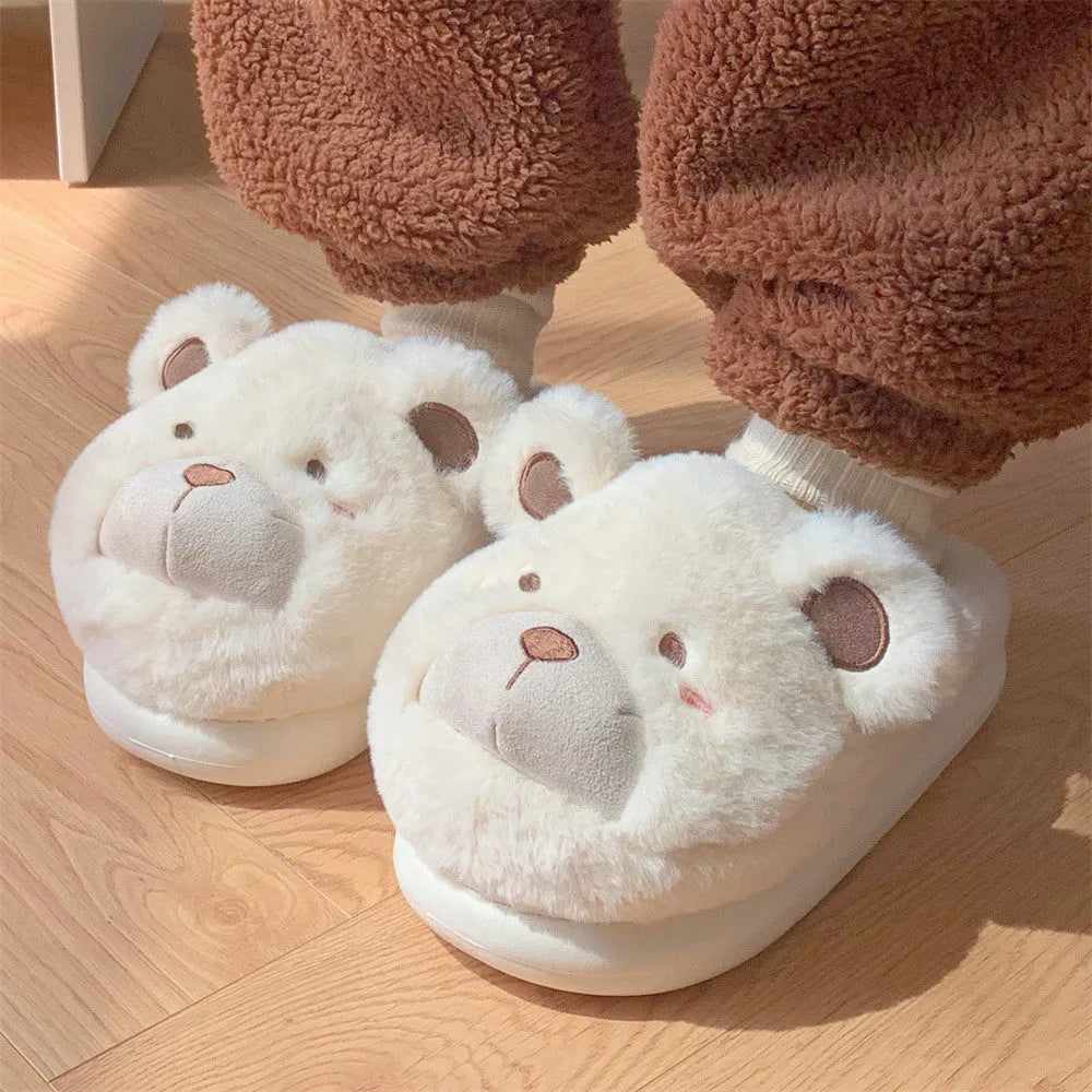 Cartoon-patterned plush suede baotou slippers for women in khaki colour with round toe.