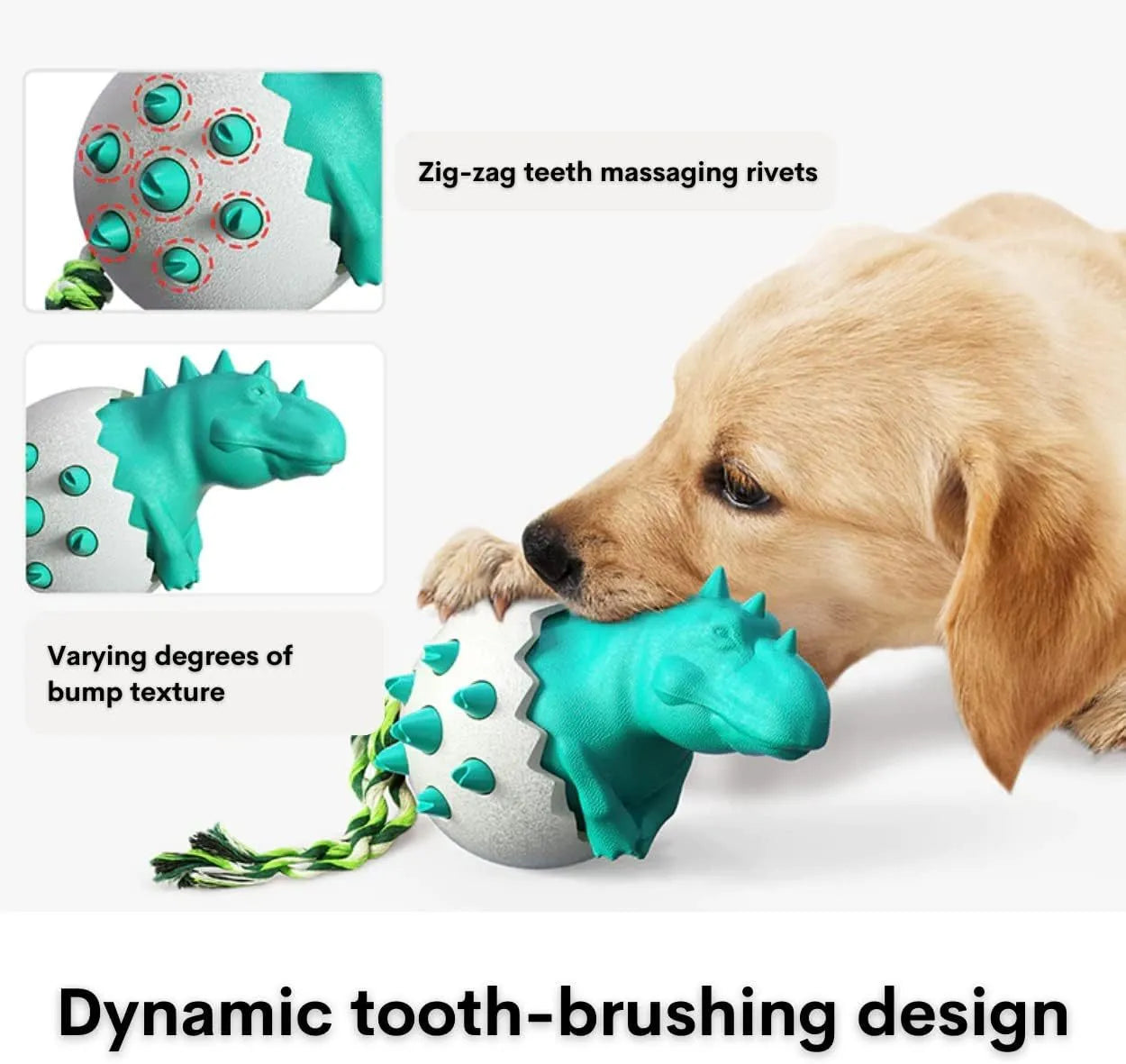 Blue durable rubber dinosaur dog chew toy with rope for aggressive chewers.