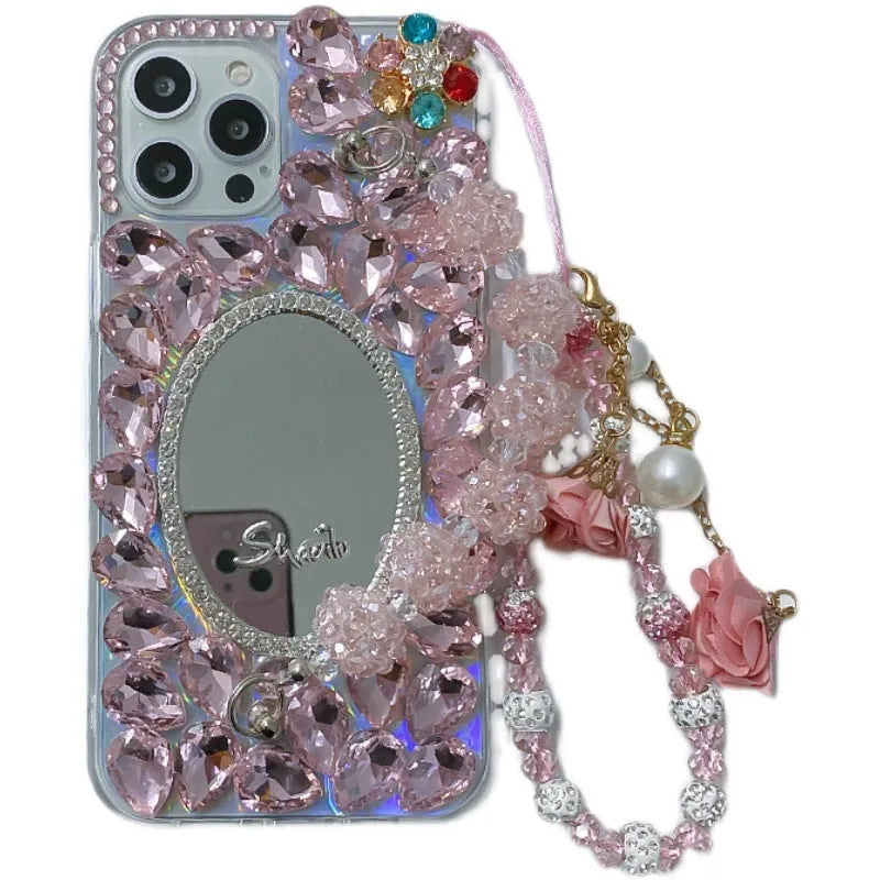Pink diamond-encrusted mirror silicone phone case for Apple iPhone, reflective surface with crystal pattern
