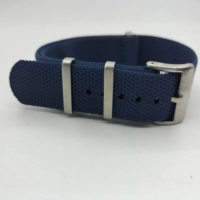 Nylon integrated watch strap in army green colour, showing the 20mm width option.