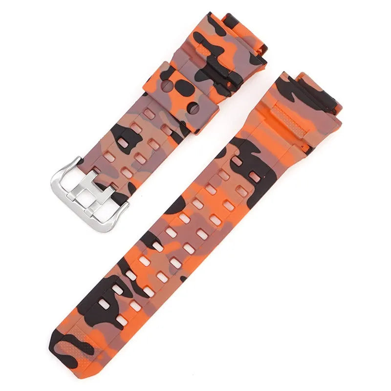Camouflage pattern TPU watch strap with silver buckle on a grey background.