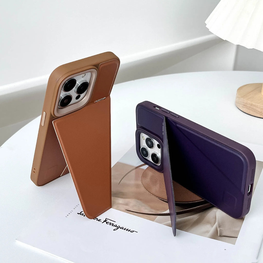 Leather hidden bracket phone case in black for Apple iPhone, featuring magnetic suction and shockproof design.