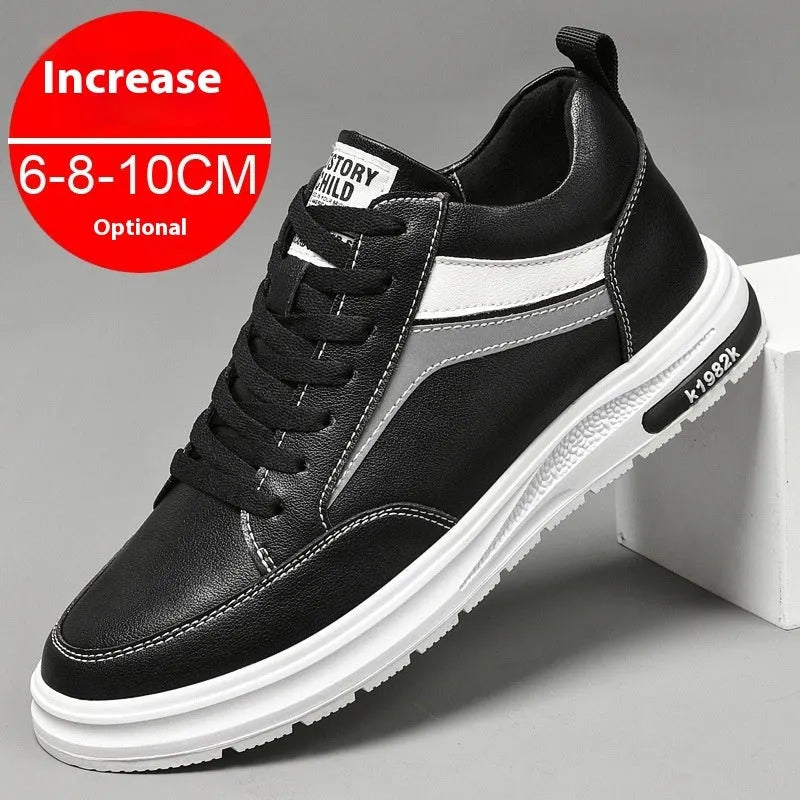 Men's black and white casual sneakers with height-increasing insoles and lace-up design