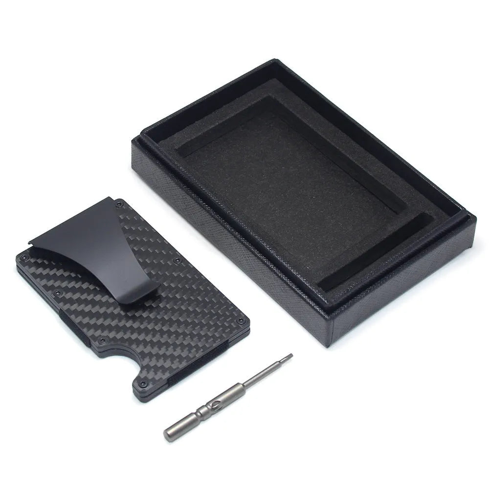 CH6600 slim geometric card holder in black carbon fibre, showing front profile and thickness.