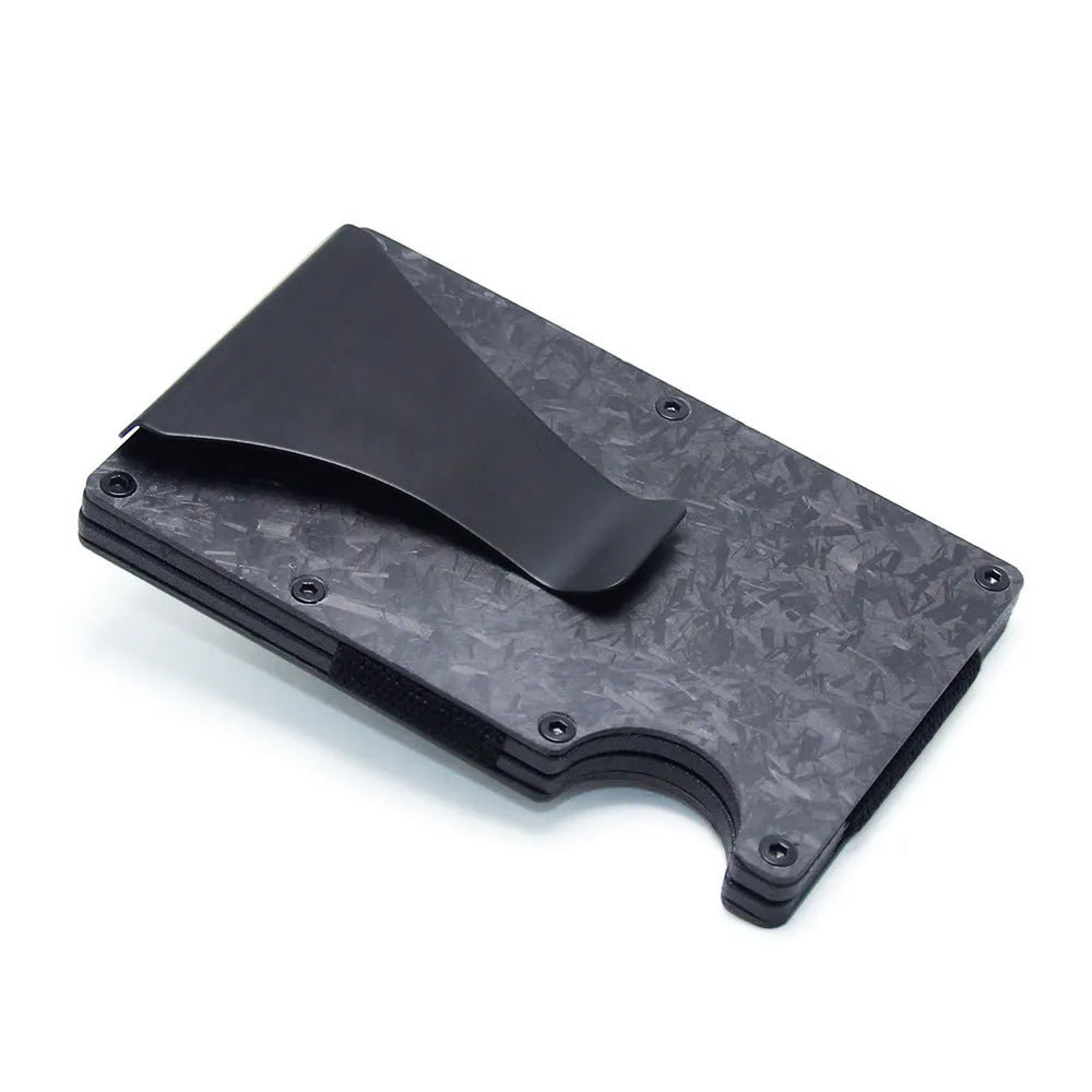 CH6600 slim geometric card holder in black carbon fibre, showing front profile and thickness.