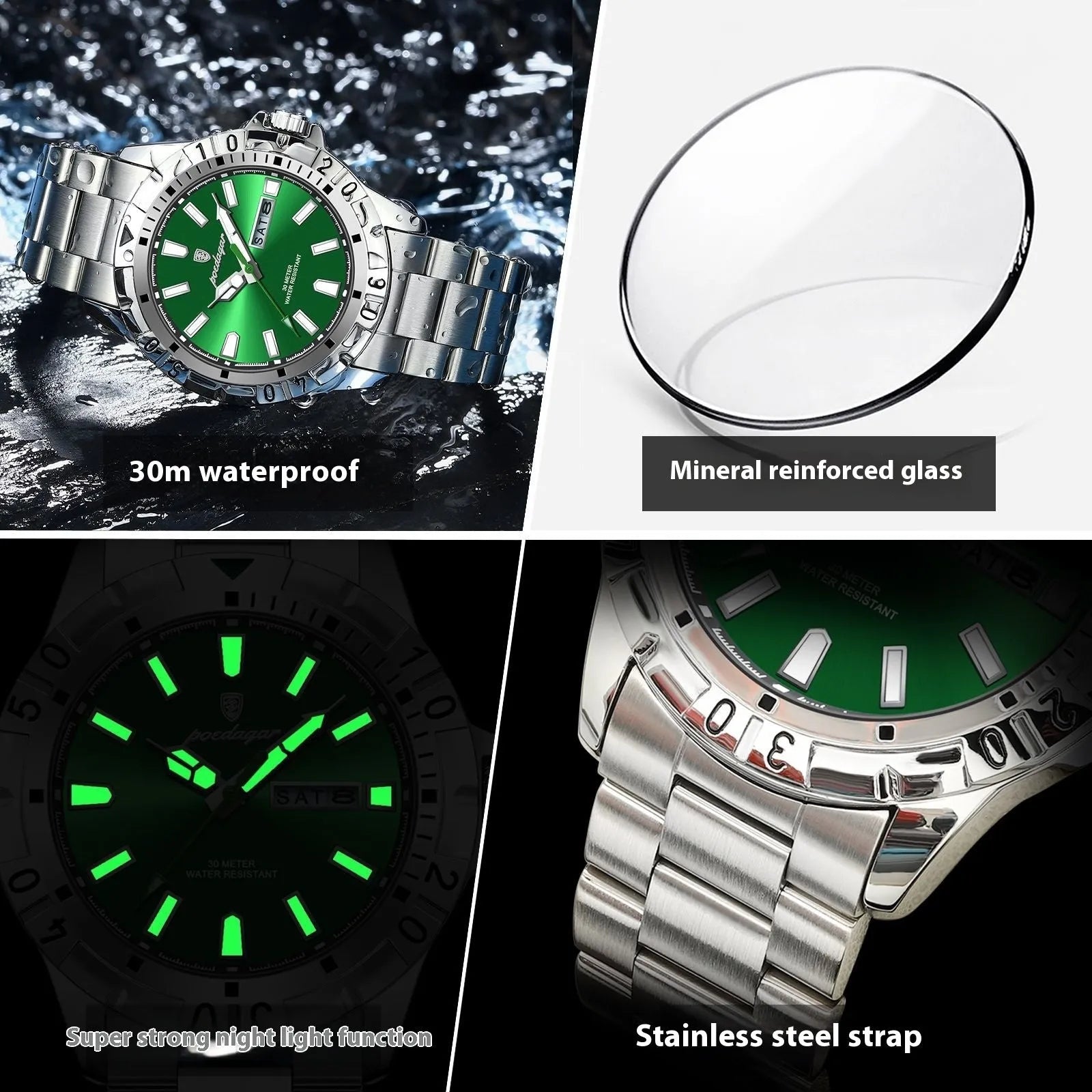Men's Swiss waterproof luminous watch with 6mm case in gold green colour with steel belt