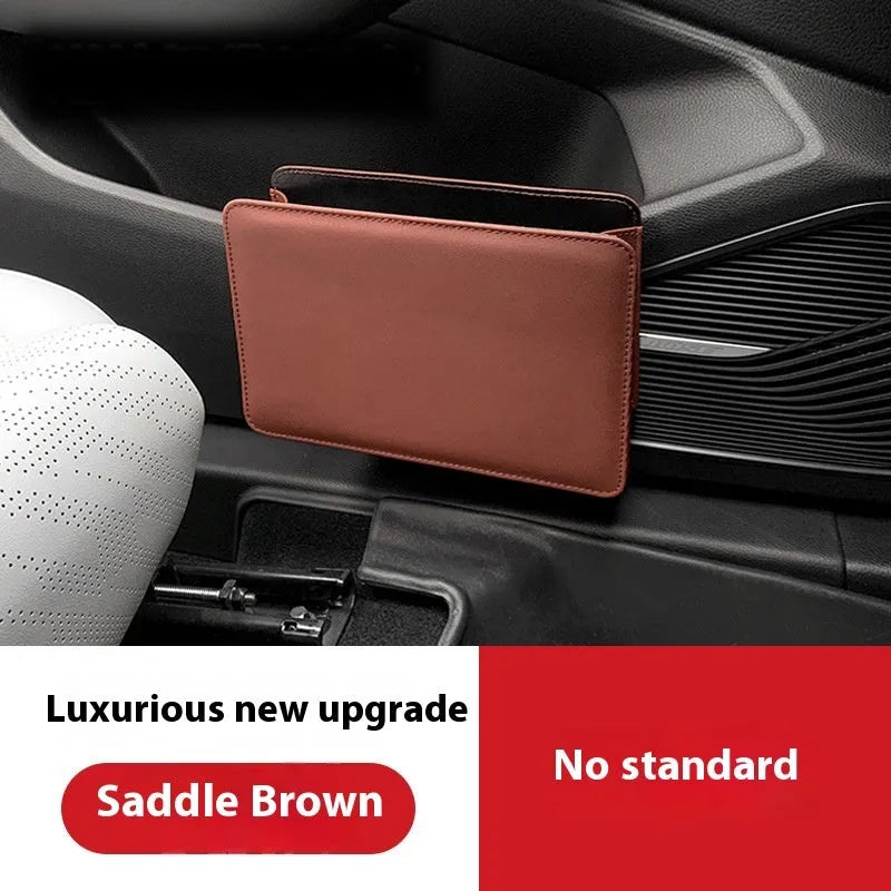 Leather car door container trash can in beige, showing compact size and hanging design for vehicle use