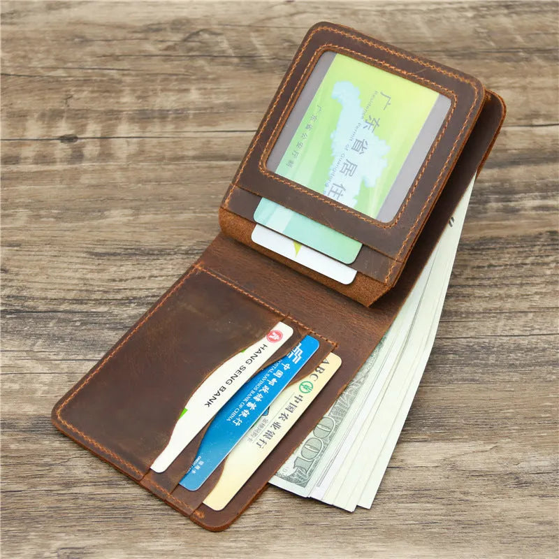 Men's genuine leather card holder wallet in dark brown or reddish brown, 11.5cm x 9.5cm x 2cm, solid colour, European style