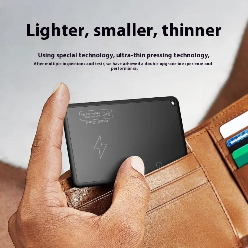 Black locator smart wallet anti-loss alarm device made of ABS material measuring 85x54x3.28mm with 200mAh battery