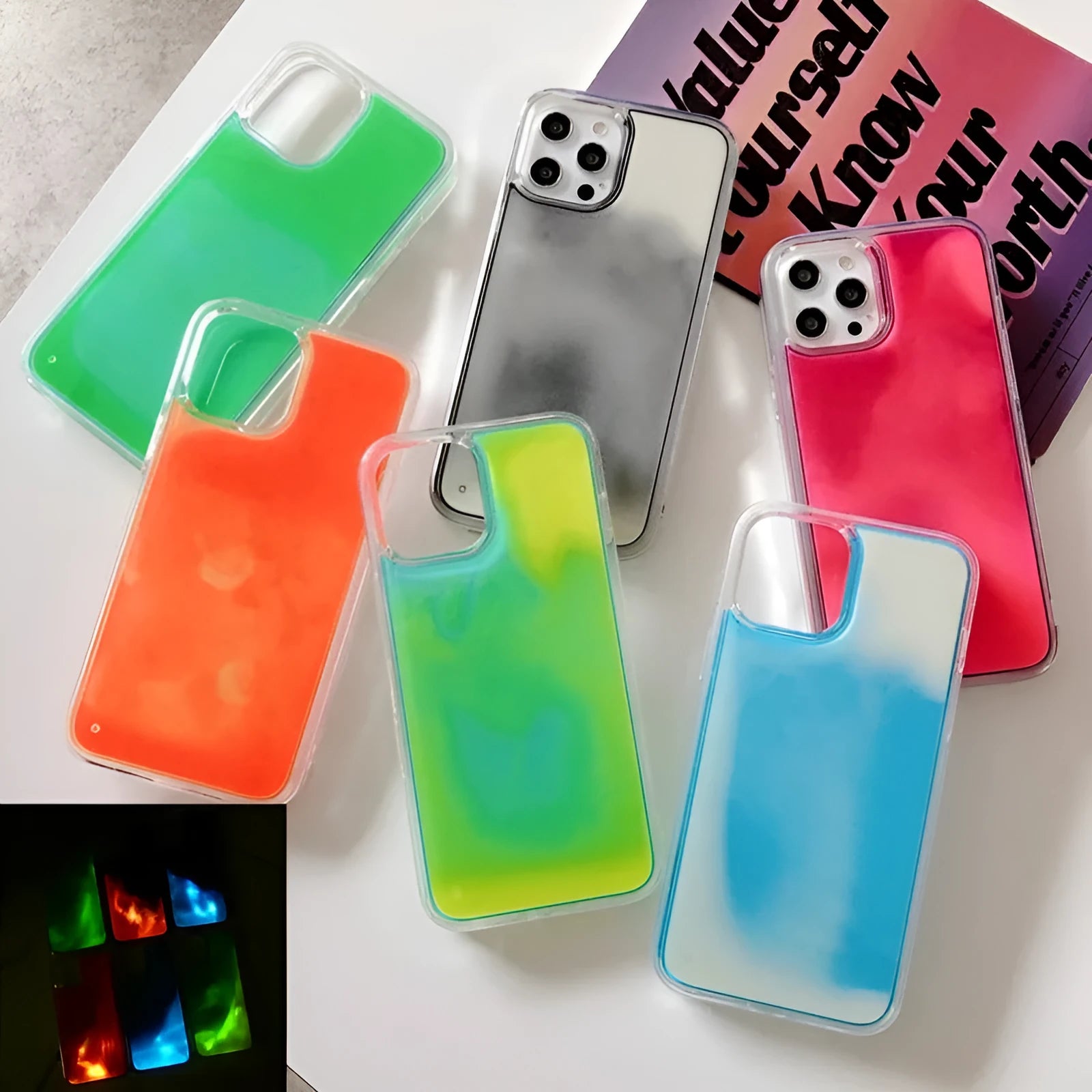 Luminous solid colour liquid quicksand phone case for iPhone in blue glowing in dark