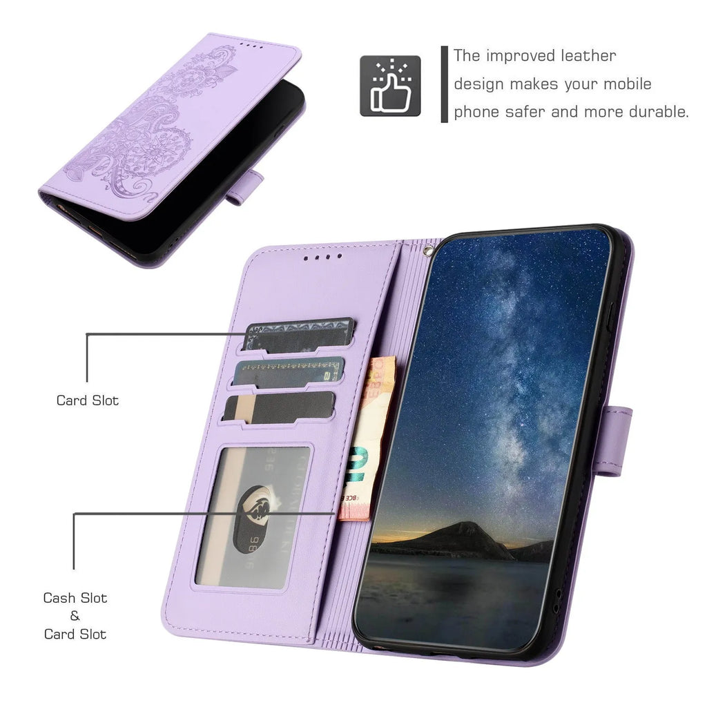 Samsung leather phone case with embossed datura flowers and flip card slot, available in multiple colours