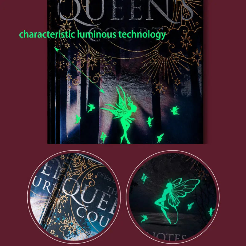 Blue and purple luminous hardcover A5 notebooks open to show full-colour illustrated pages
