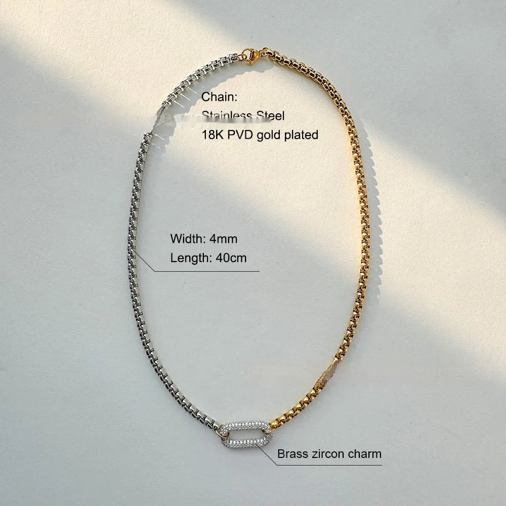 Oval Pendant Necklace with Dual-Color Patchwork Chain in Gold, Silver, Circle or XINGX Retro Style Brass and Titanium Steel Cuban Link Chain Necklace 31-40cm Adjustable Length