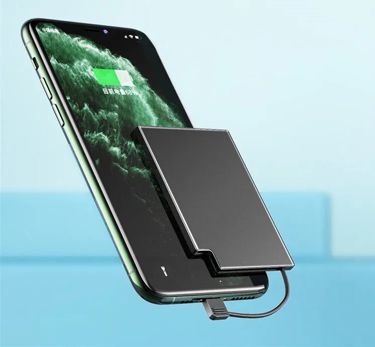 Ultra-thin card type power bank, 10000mAh, alloy shell, built-in cable, black, For Android and Type-C