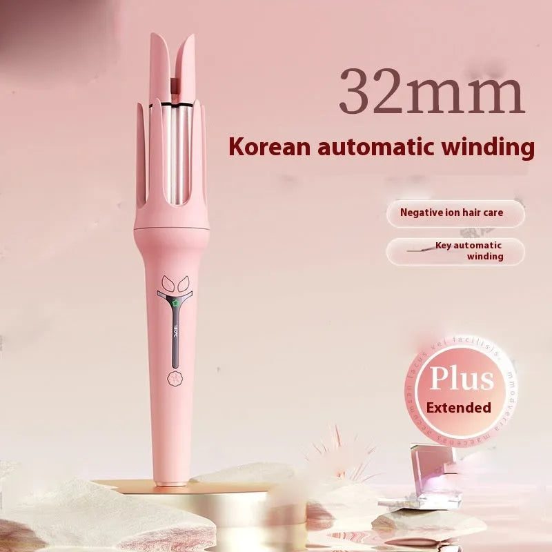 Light purple automatic hair curler with 32mm anion barrel, three clips, and a comb on a white background.