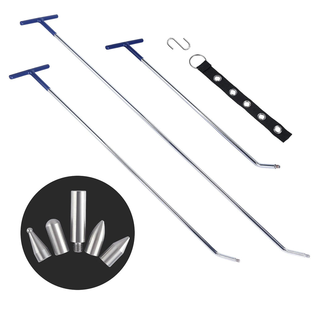 Three alloy steel hook crowbar tools for car dent repair and panel straightening.