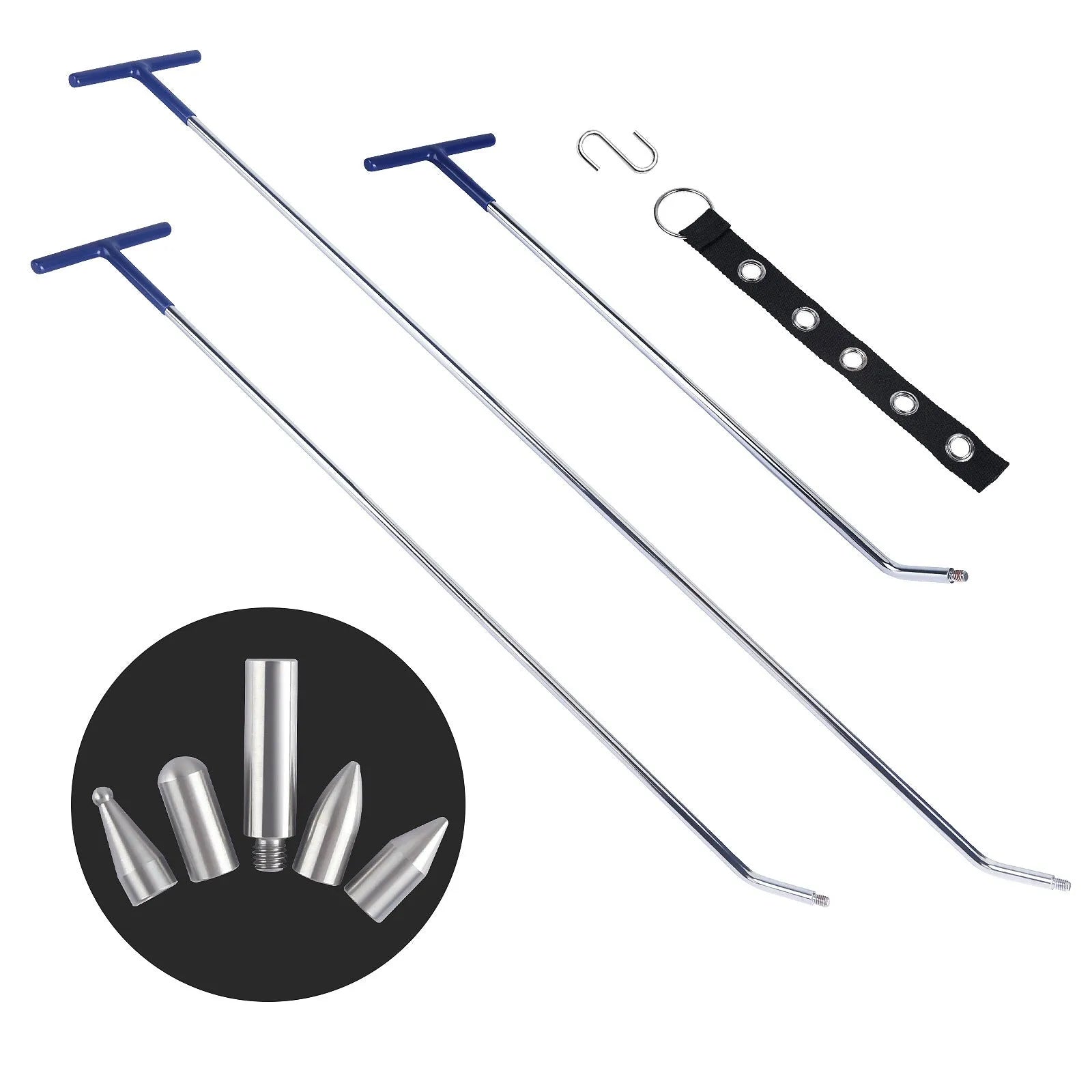 Three alloy steel hook crowbar tools for car dent repair and panel straightening.