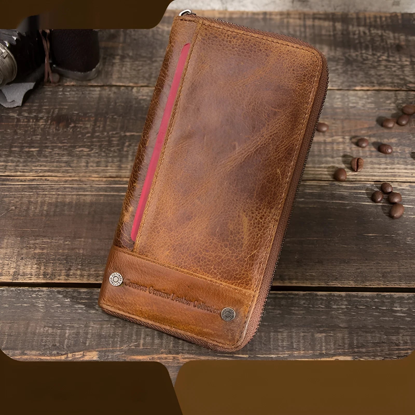 Brown genuine leather men's wallet with zipper closure showing anti-theft card-swipe function