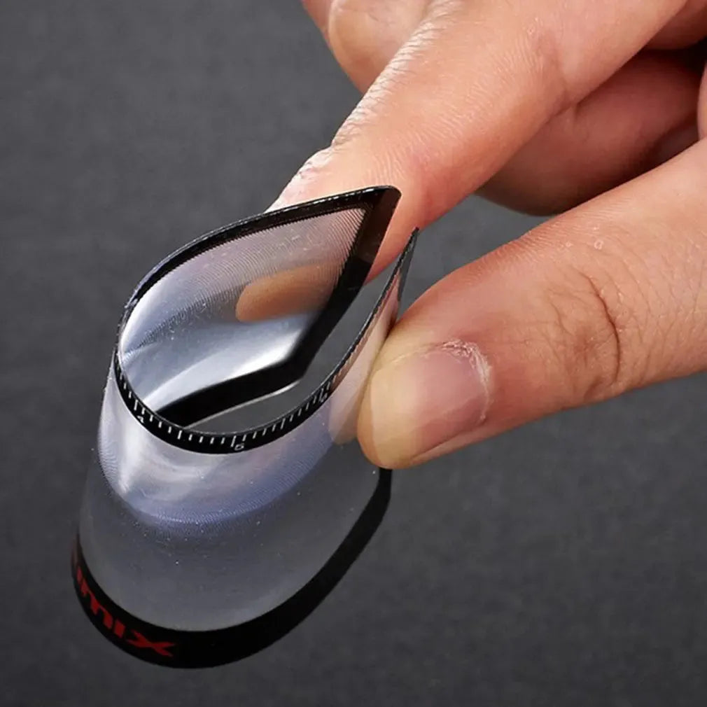 Portable plastic card magnifier for reading small text, shown in black and white colour options