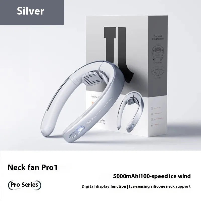 Silver grey bladeless portable neck fan hanging display showing modern minimalist design