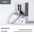 Silver grey bladeless portable neck fan hanging display showing modern minimalist design