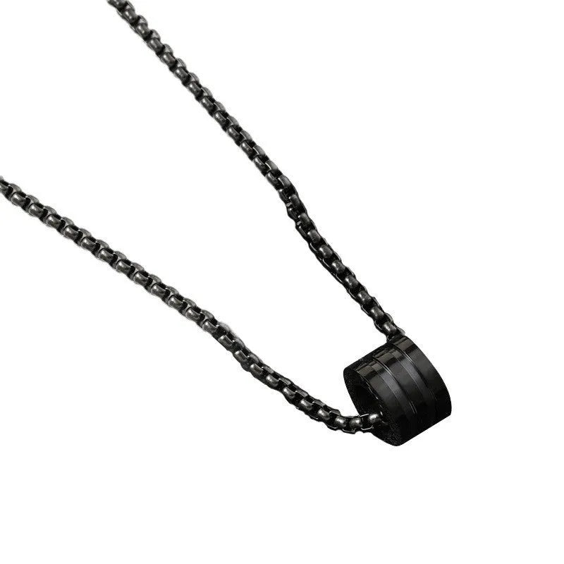 Men's black titanium steel geometric necklace set with three-dimensional cylindrical ring buckles on stainless steel chains