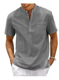 Men's solid colour stand collar short sleeve polo shirt in a loose fit for summer.