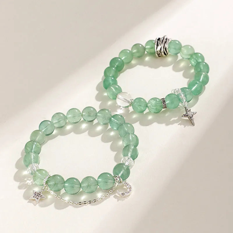 Green fluorite star and moon princess bracelet with white crystals and electroplated finish