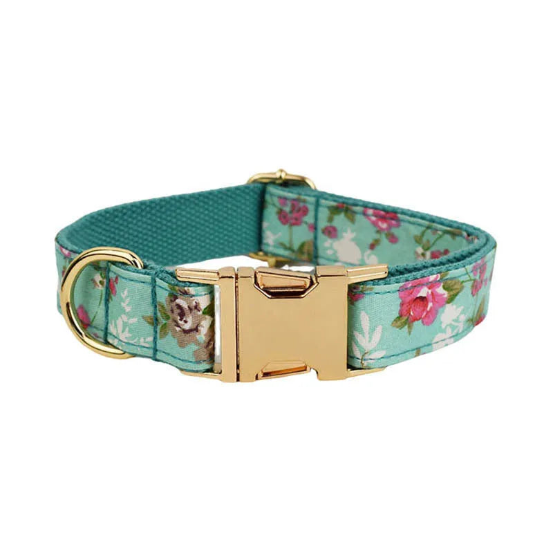 Four-piece dog accessory set with rose print bow, green fabric collar, leash and vest