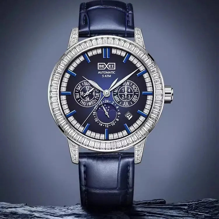 Blue mechanical men's watch with 10mm thick case, casual style, gift box packaging