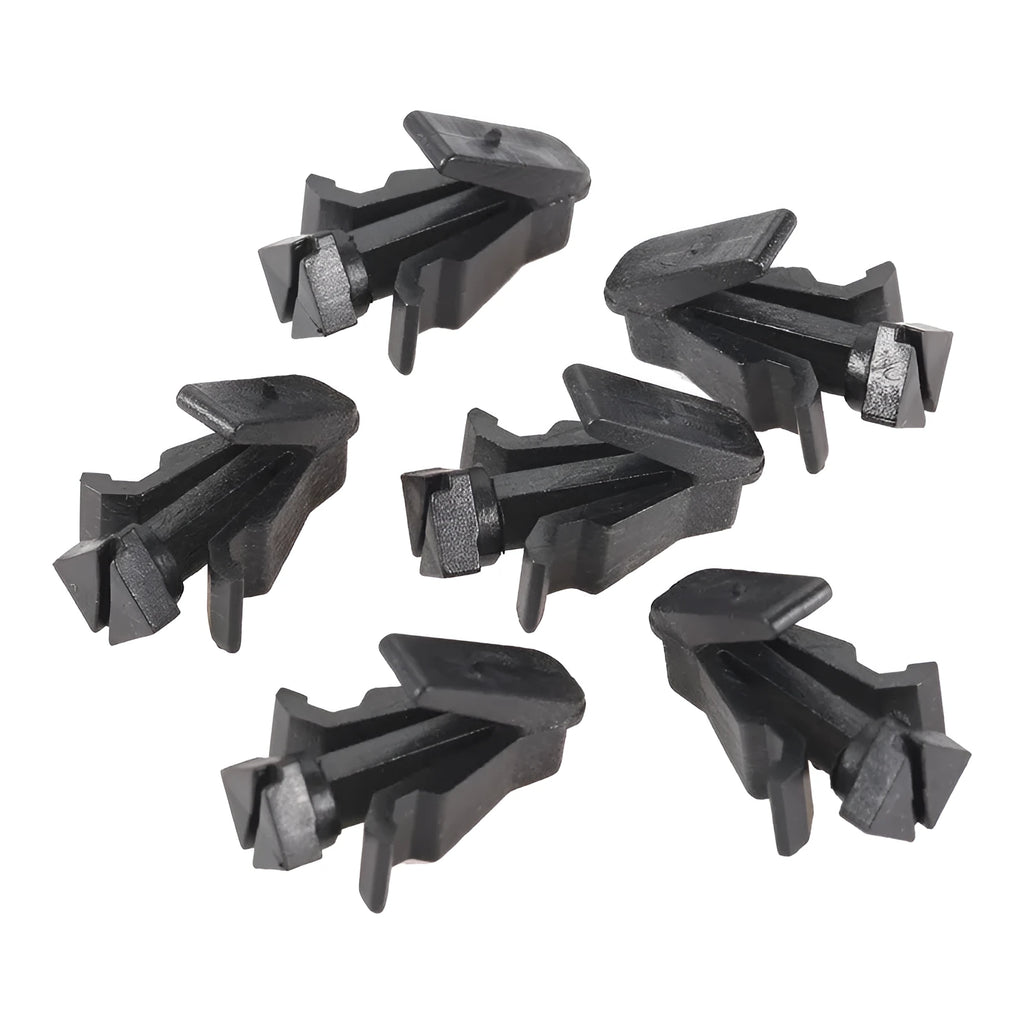 Black plastic fastening clip for Nissan bumper cover to radiator grille mounting