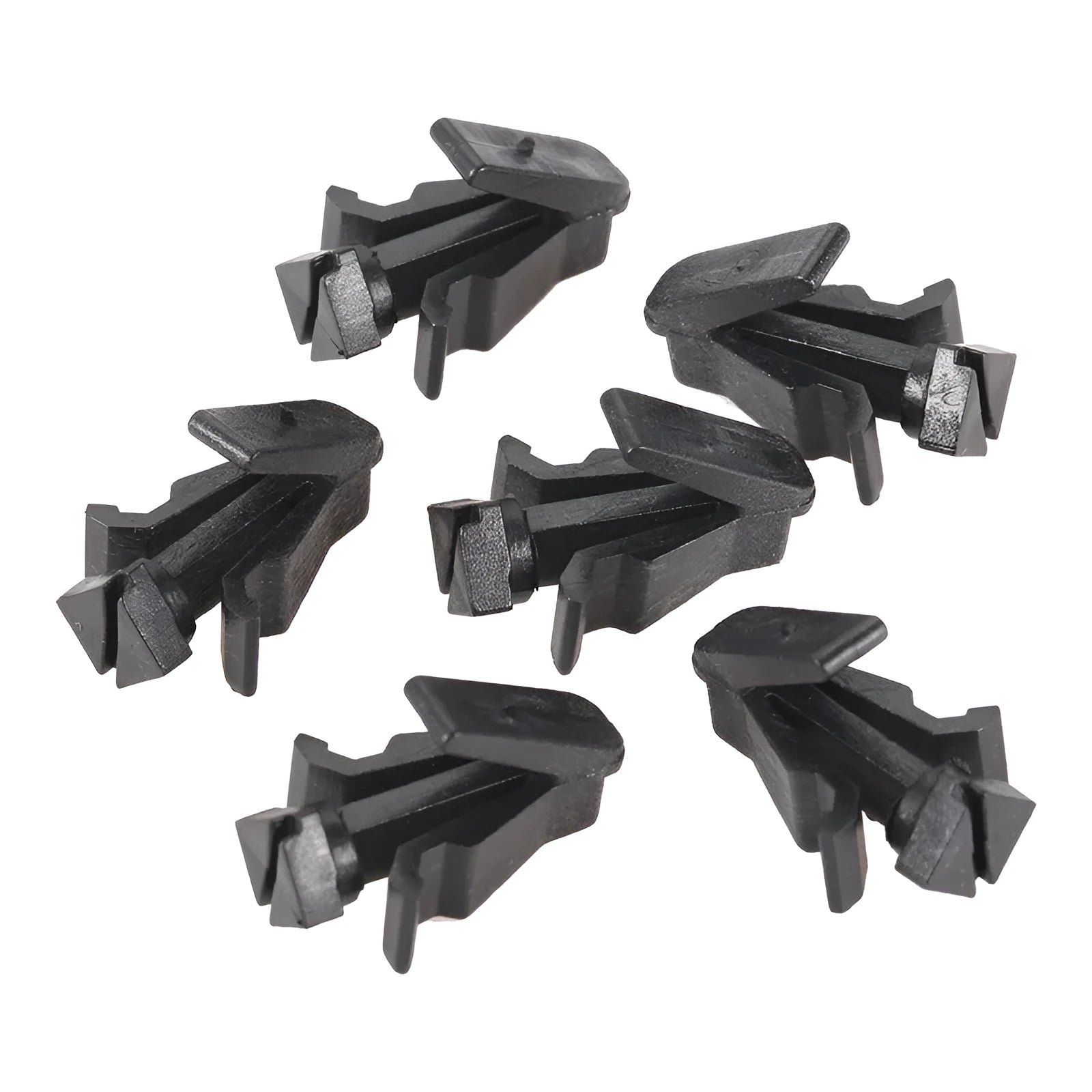 Black plastic fastening clip for Nissan bumper cover to radiator grille mounting