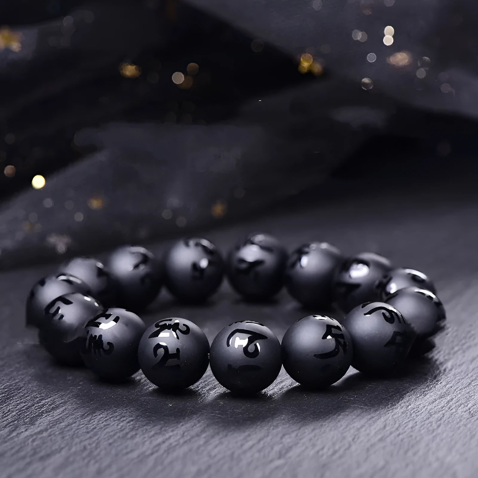 Natural frosted black agate Sanskrit mantra bracelet with Chinese style auspicious patterns