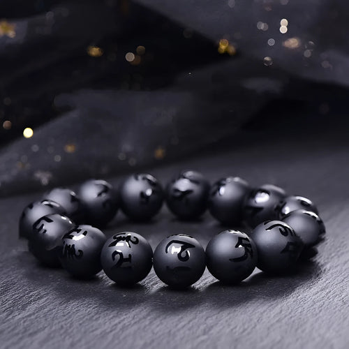 Natural frosted black agate Sanskrit mantra bracelet with Chinese style auspicious patterns