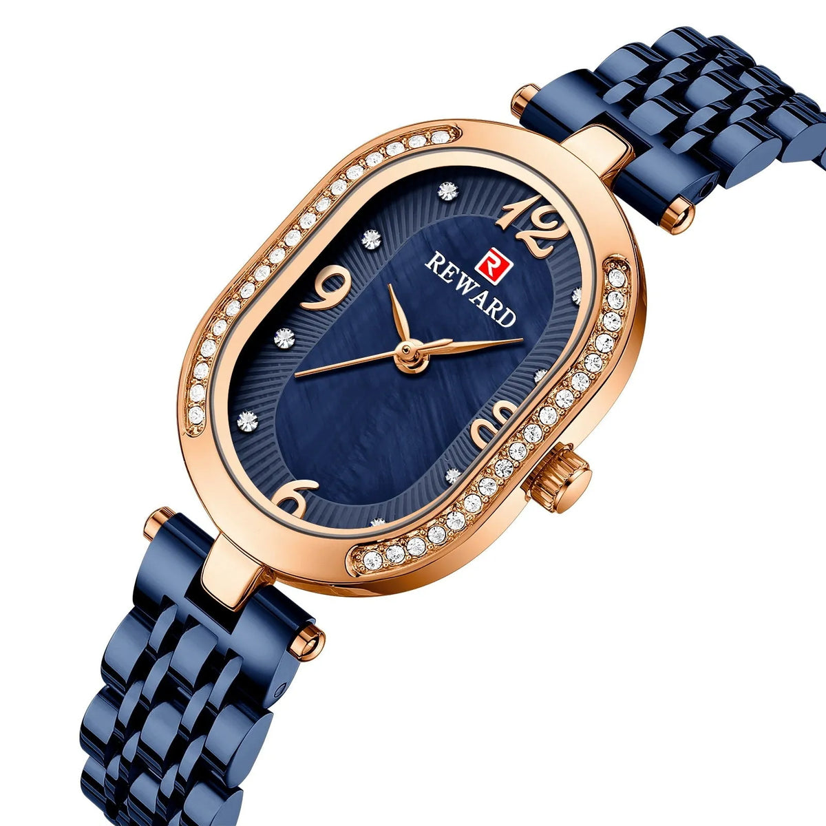 Ladies oval watch with diamond dial, 24mm case, gold-tone or rose-tone finish, and coloured strap