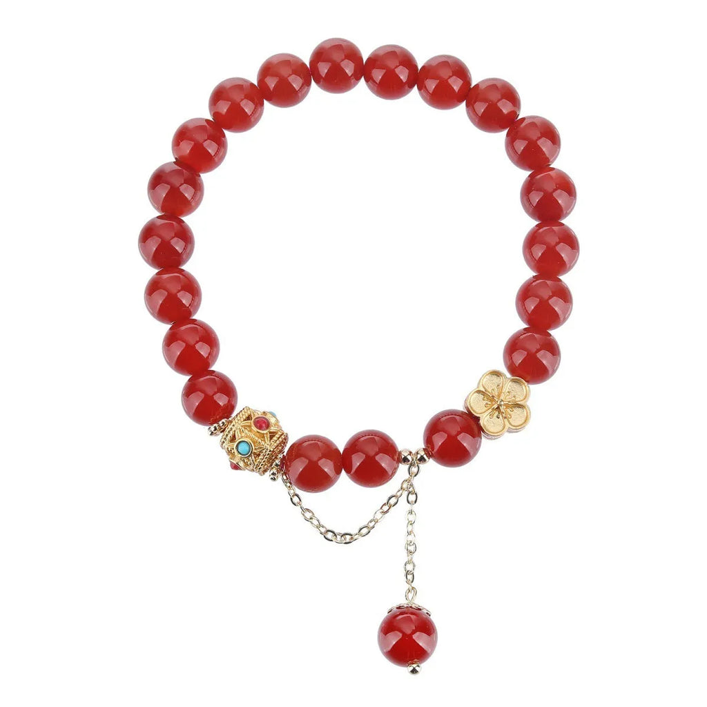 Natural agate bracelet with peach blossom stones and copper components, approximately 8mm bead size