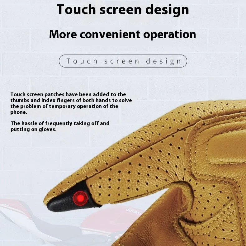 Yellow sheepskin motorbike gloves with touch screen fingertips on a neutral background