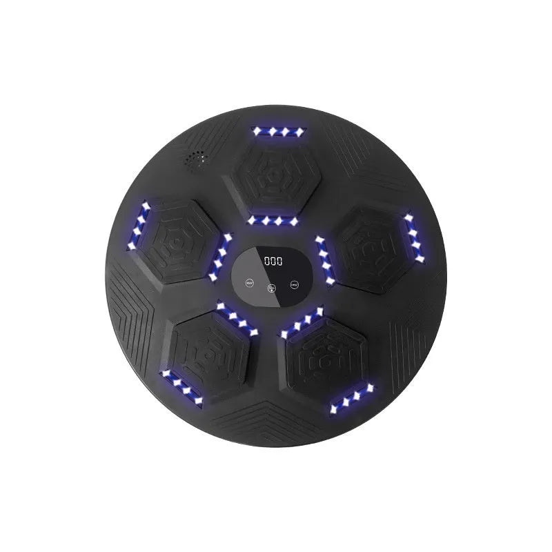 Smart music boxing reaction target mounted on wall with LED lights illuminated during training session