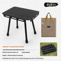 CLS aluminium dual-use folding camping stool converted into a small table next to its storage bag.