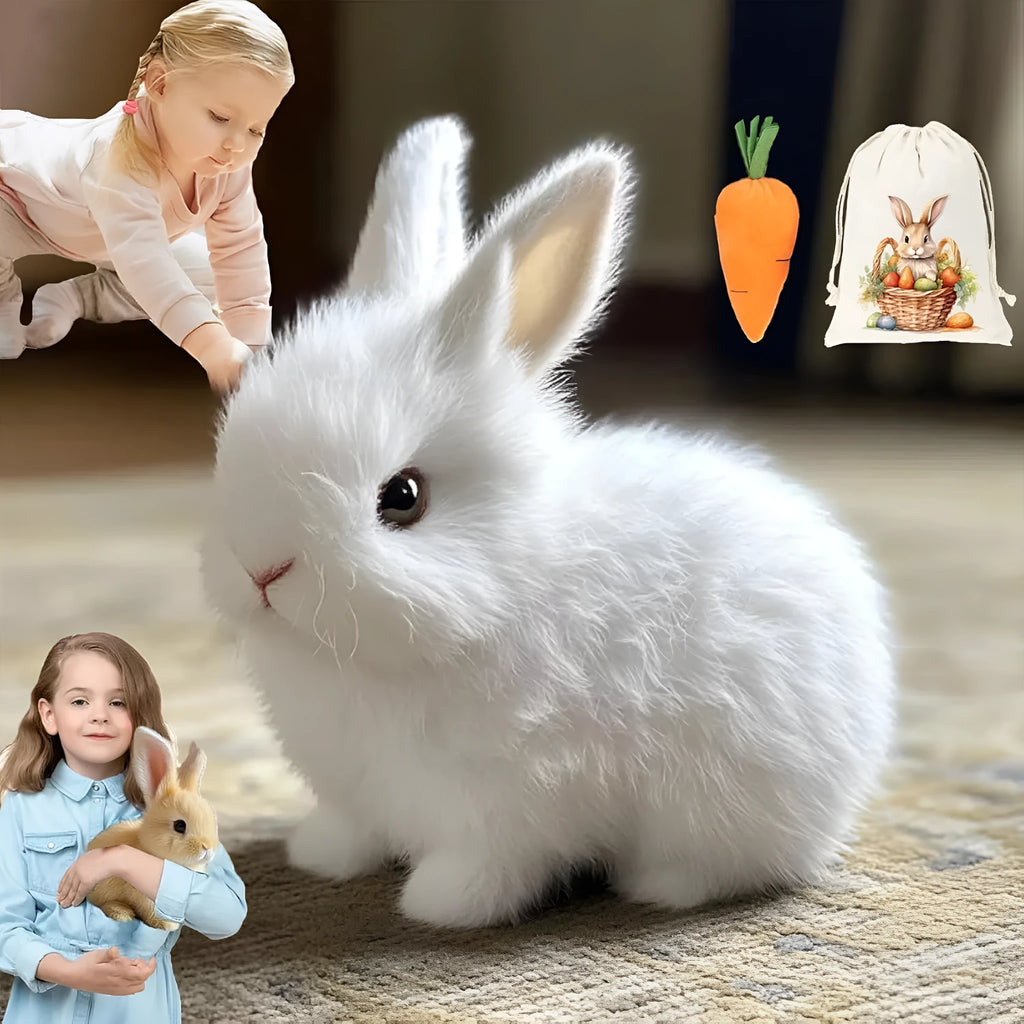Electric realistic rabbit plush toy in plush material with carrot accessory on white background