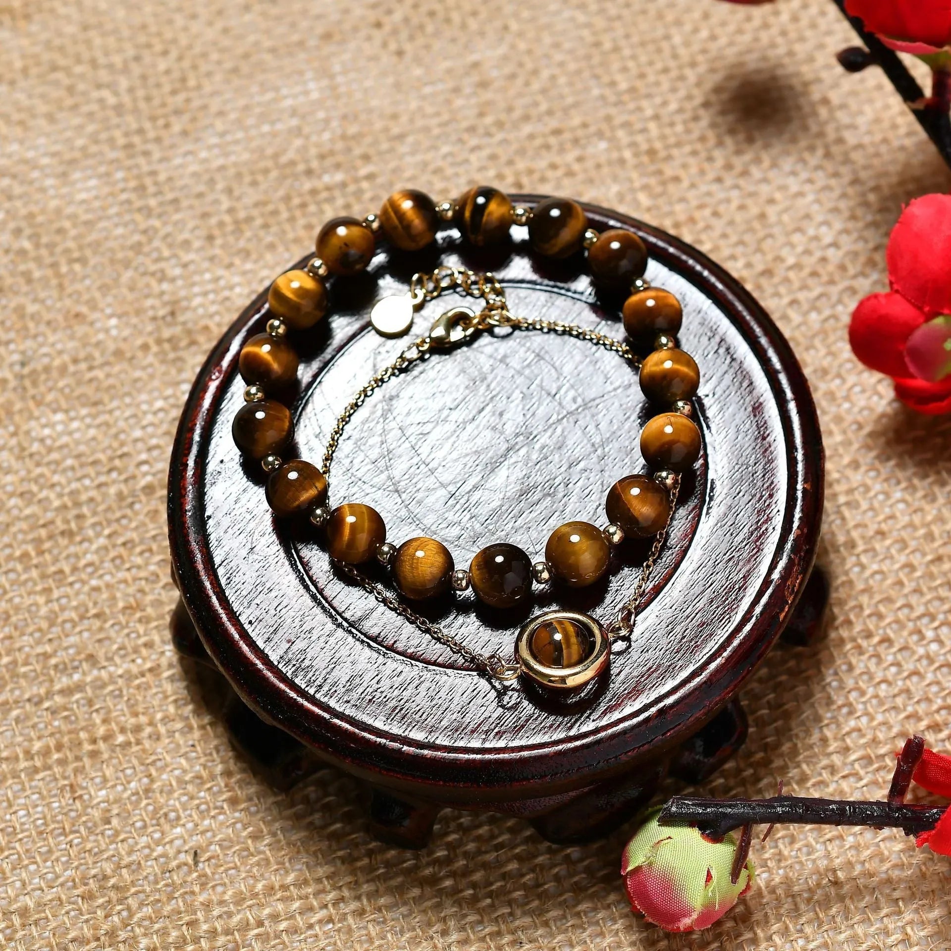 Women's double-layer bracelet with strawberry quartz crystals and lucky beads on gold electroplated copper