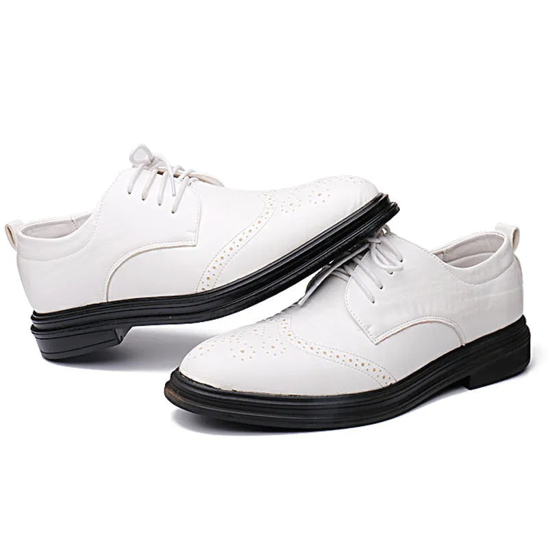 Men's anti-slip dress shoes with embossed grid pattern, round toe, and square heel in black